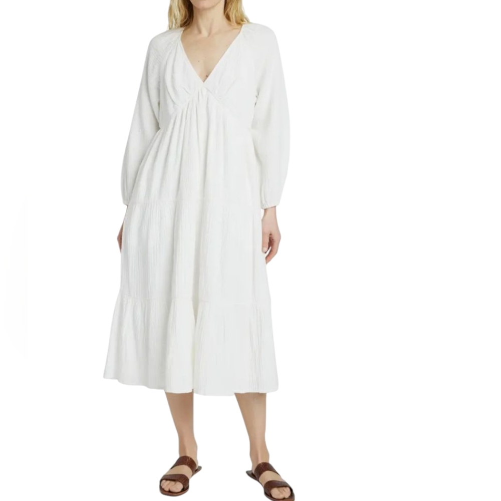 Faherty White Long Sleeve Midi Dress